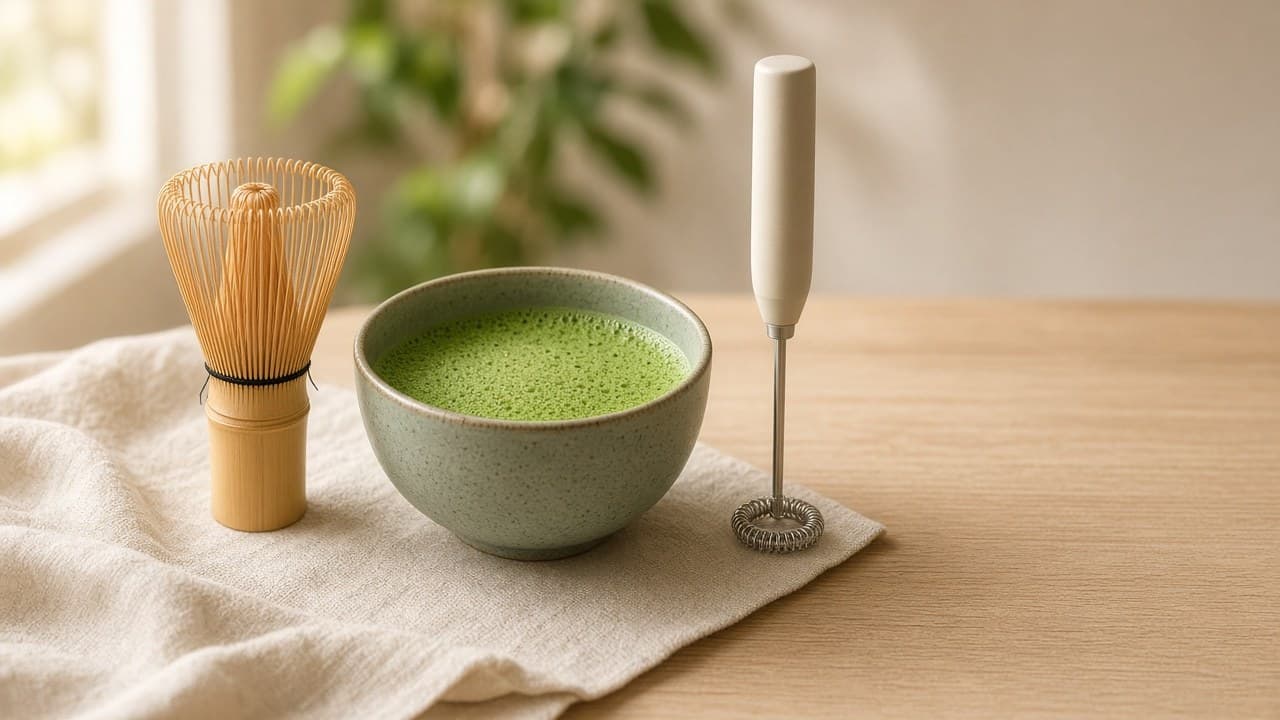 Sbattitore di bambù, ciotola in ceramica con matcha schiumoso e un semplice montalatte a mano, uno accanto all'altro su un panno di lino