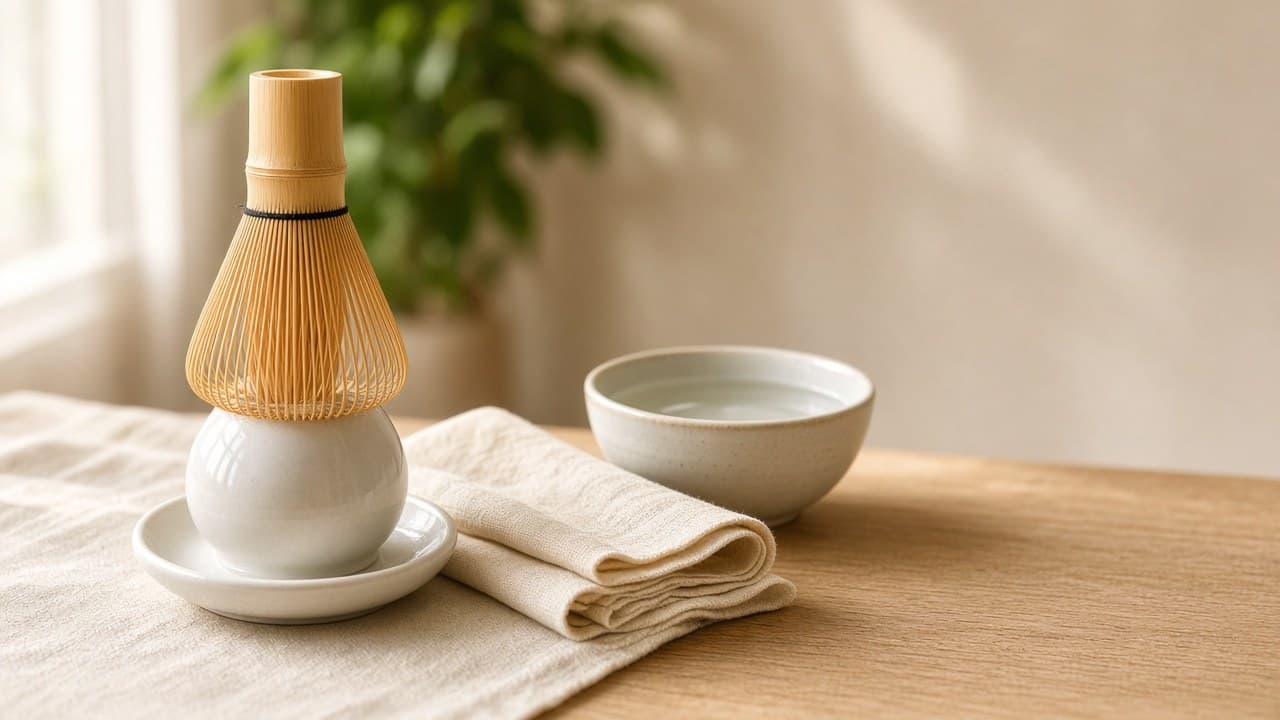 Bamboo whisk drying upside down on a white ceramic holder, next to a folded linen cloth and a bowl of clear water