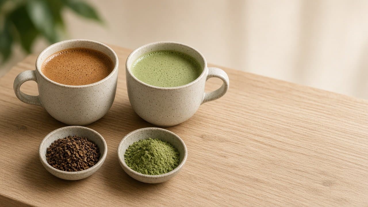 Two cups side by side: a brown hojicha latte and a pale green matcha latte, roasted tea leaves and matcha powder in front