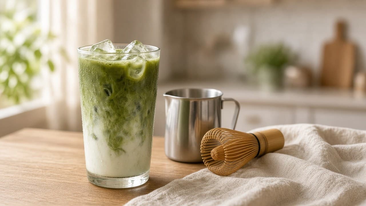 Verre de matcha latte glacé avec des glaçons, le lait se mêlant en volutes au matcha vert, à côté d'un pot à lait en inox et d'un fouet en bambou sur un plan de travail