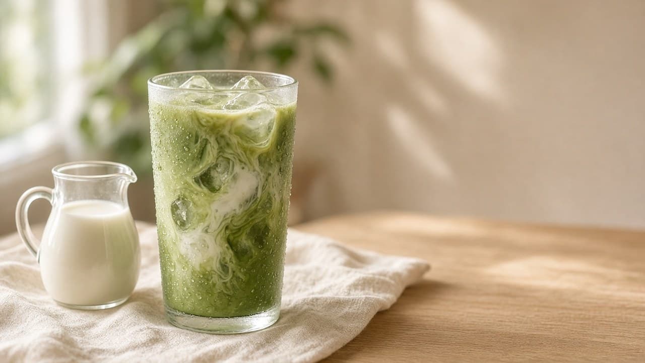 Tall glass of iced matcha latte with ice cubes, next to a small jug of milk