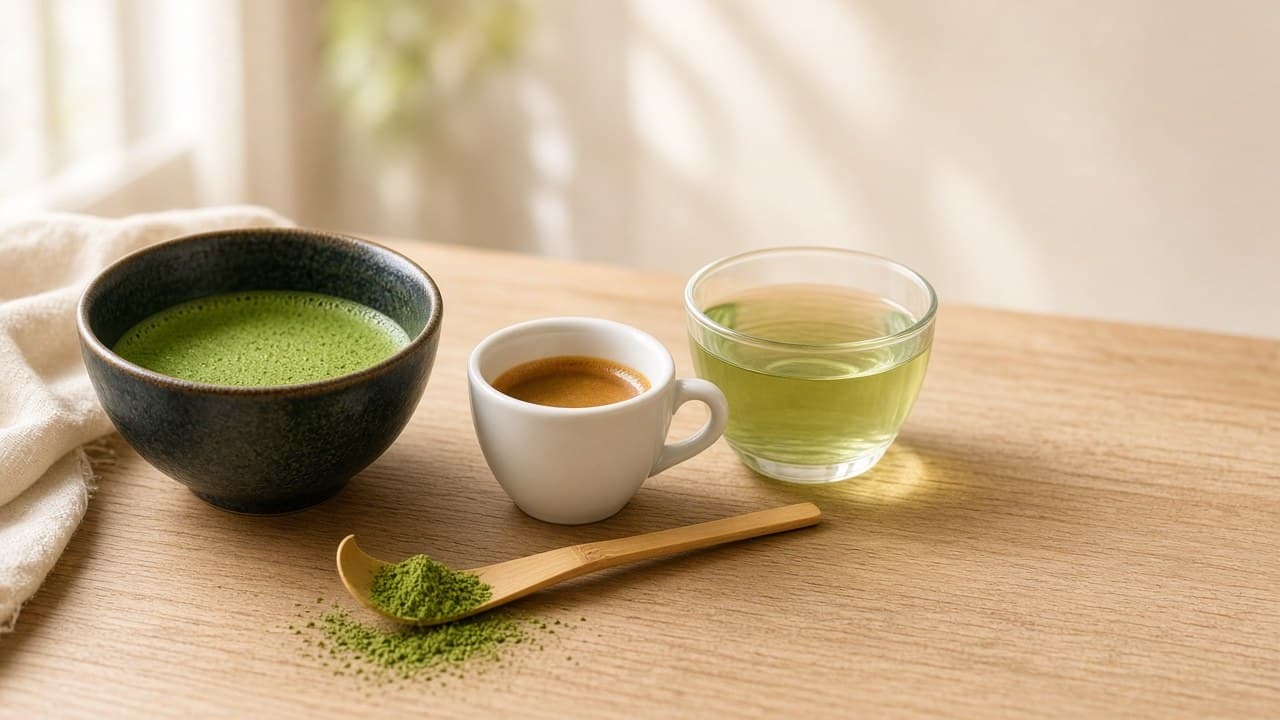 Schale mit aufgeschlagenem Matcha, eine kleine Tasse Espresso und ein Glas grüner Tee nebeneinander, davor ein Bambuslöffel mit Matcha-Pulver