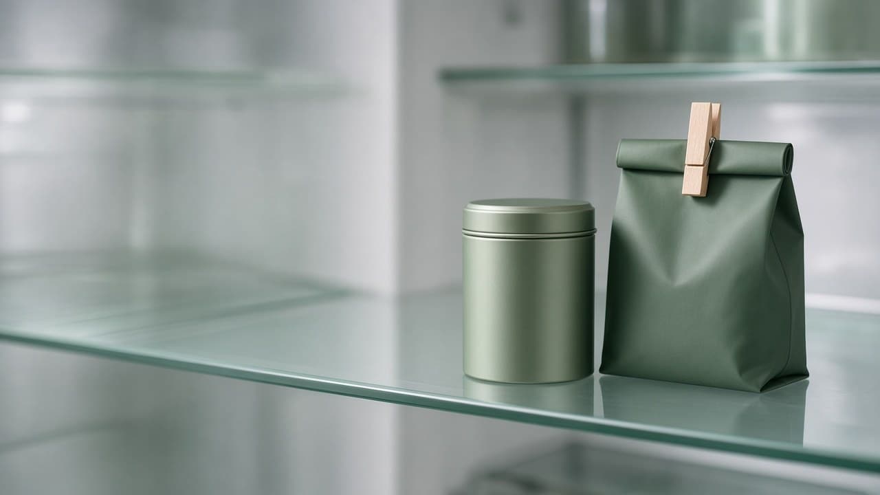 A closed matcha tin and a rolled-up bag sealed with a clip inside a refrigerator