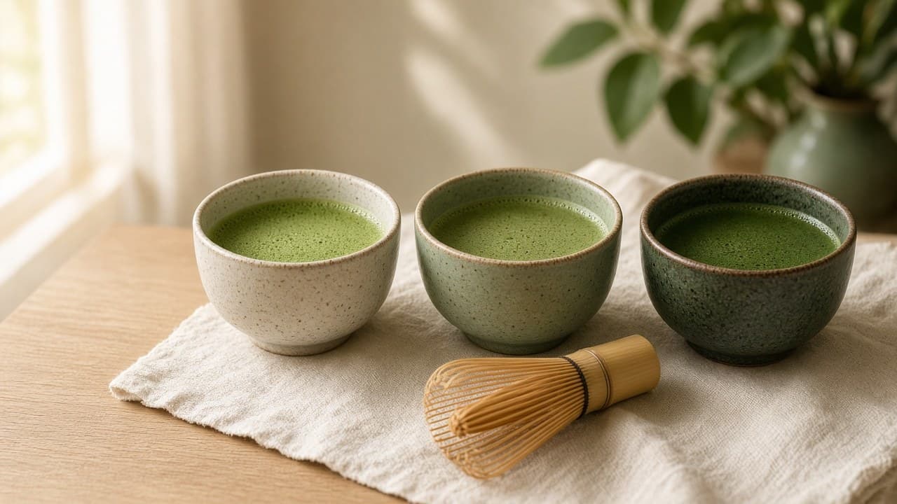 Three ceramic bowls of matcha in different shades of green, a bamboo whisk in front