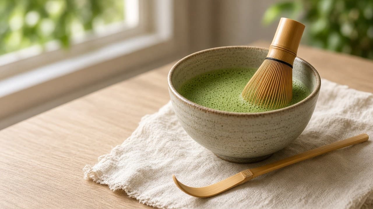 Ceramic bowl of freshly whisked matcha with a bamboo whisk, a bamboo scoop in front