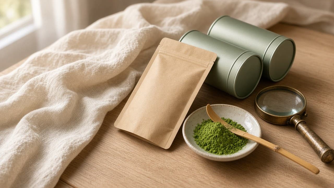 Due lattine di metallo senza stampa, una bustina di carta kraft liscia, un piattino con matcha in polvere e un cucchiaio di bambù e una lente d'ingrandimento su un tavolo di legno