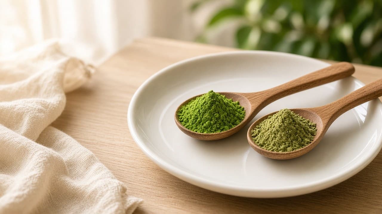 Two wooden spoons of matcha powder side by side for colour comparison, one bright green, one yellowish olive