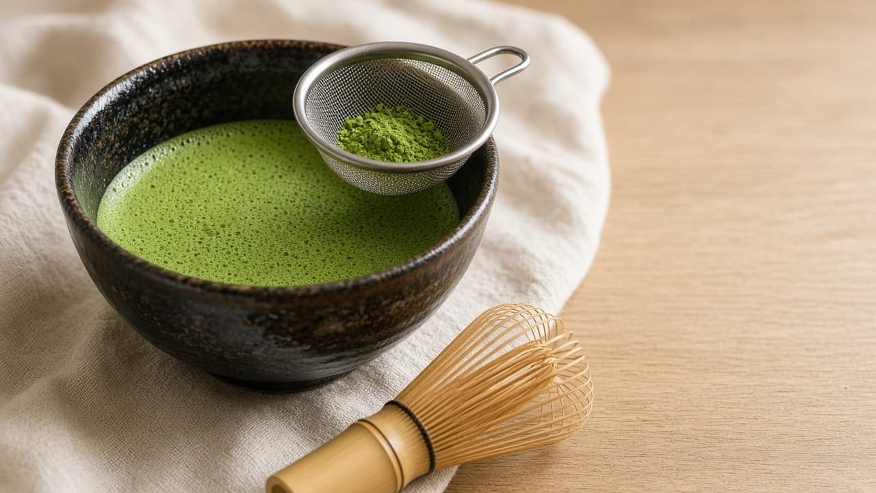 Dark ceramic bowl of finely foamed matcha with a small sieve holding some powder on the rim, and a bamboo whisk beside it