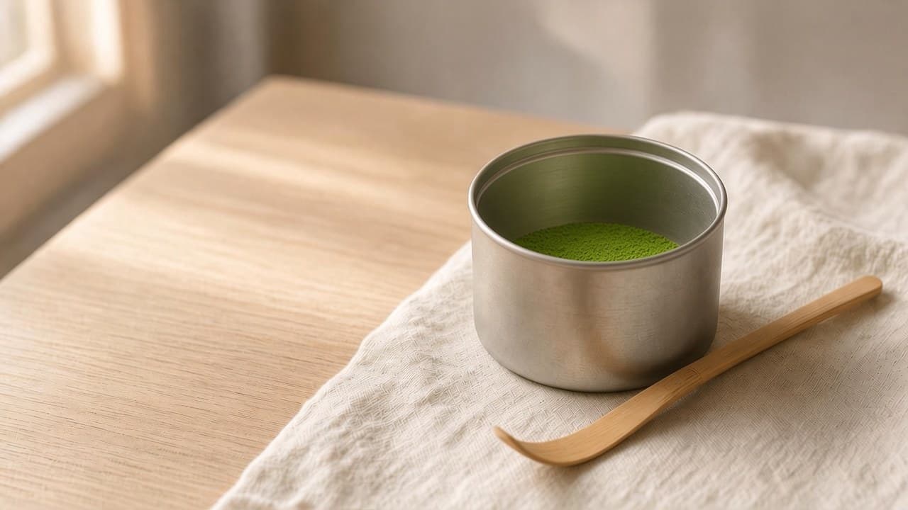 Almost empty matcha tin with a thin layer of powder left at the bottom, a bamboo scoop beside it