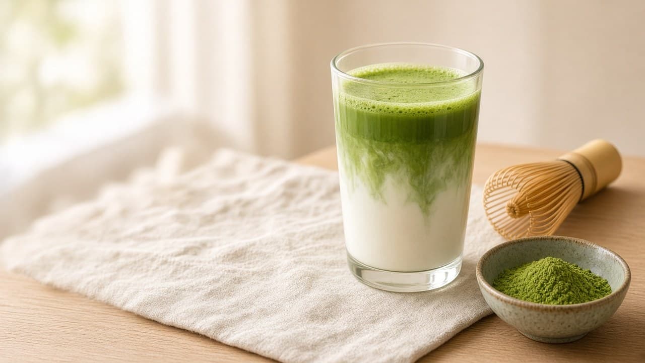 Glass of layered matcha latte with milk at the bottom and green matcha on top, next to a bamboo whisk and a bowl of matcha powder