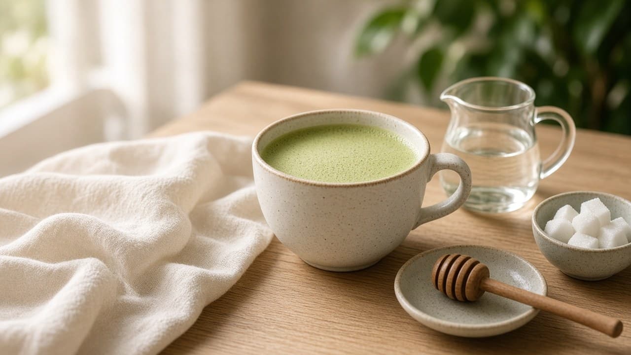Taza de matcha latte junto a una pequeña jarra de cristal con sirope, una cuchara de miel sobre un platito y un cuenco con terrones de azúcar