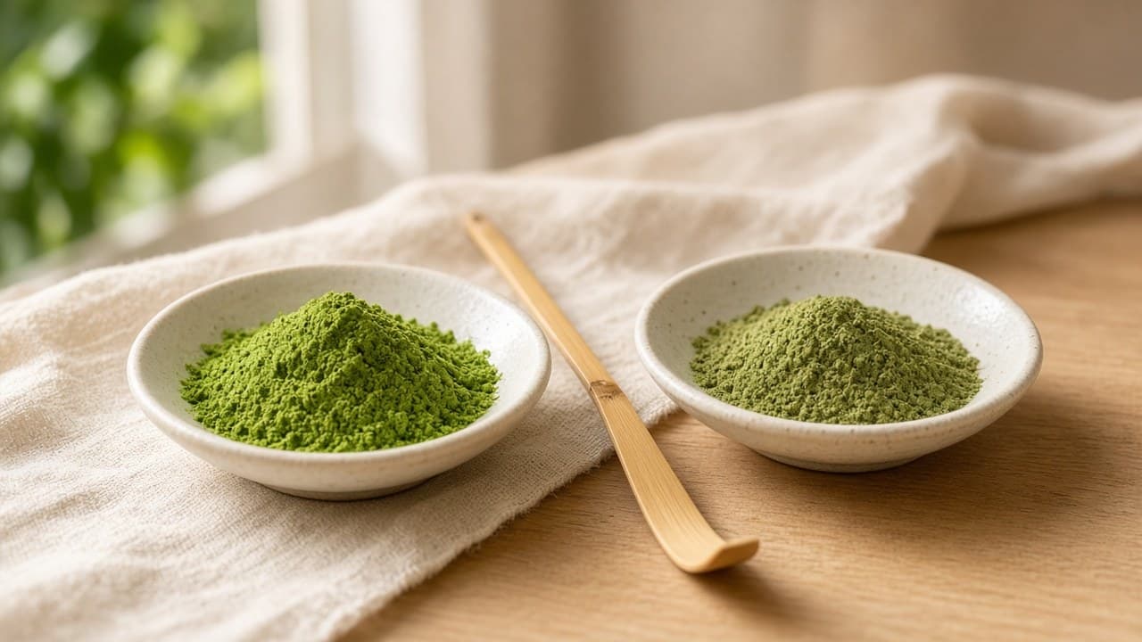 Dvě malé keramické misky s práškem matcha vedle sebe, jedna jasně zelená, druhá matnější olivově zelená, mezi nimi bambusová lžička