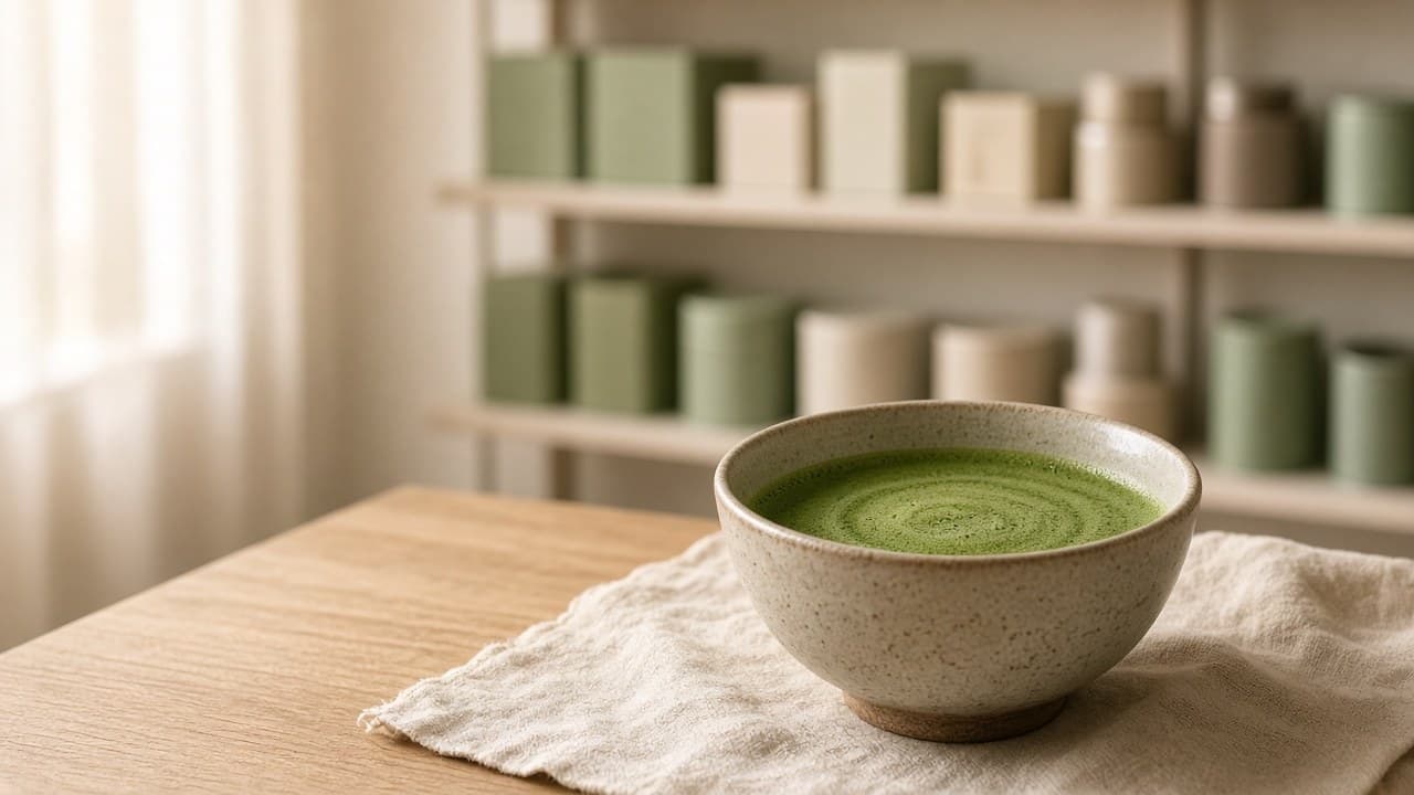 Bowl of matcha in front of a shelf with plain tea tins