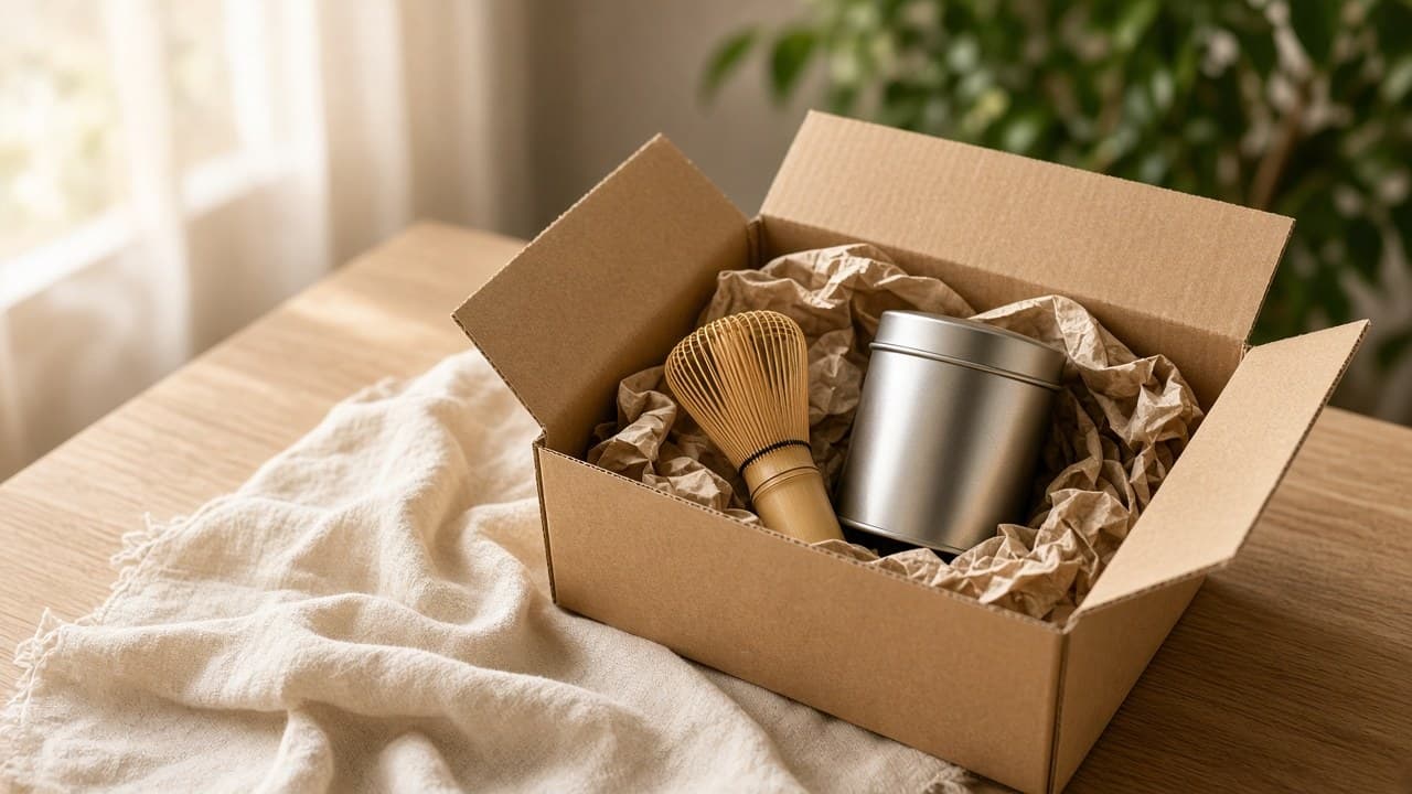 Open shipping box with a matcha tin and a bamboo whisk