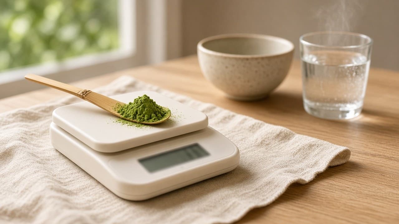 Kitchen scale with a bamboo scoop of matcha powder, a bowl and a glass of water behind it