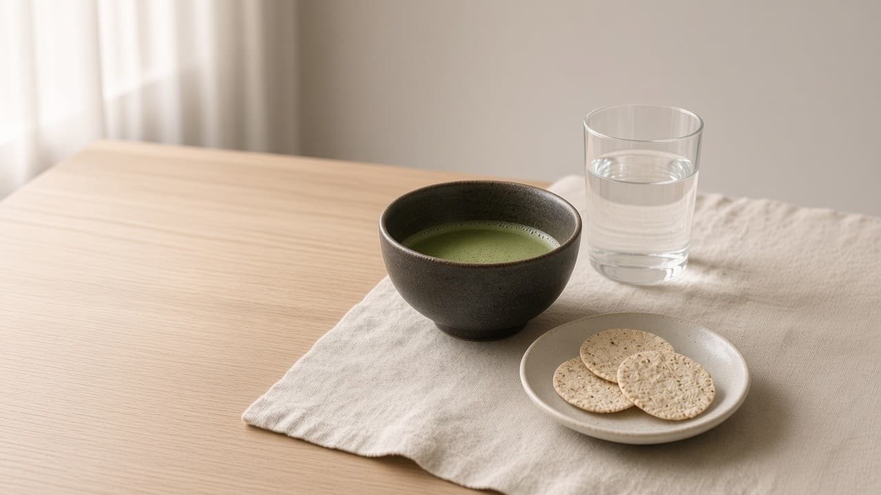 Dunkle Schale Matcha auf einem Leinentuch, daneben ein Glas Wasser und ein kleiner Teller mit drei Reiscrackern
