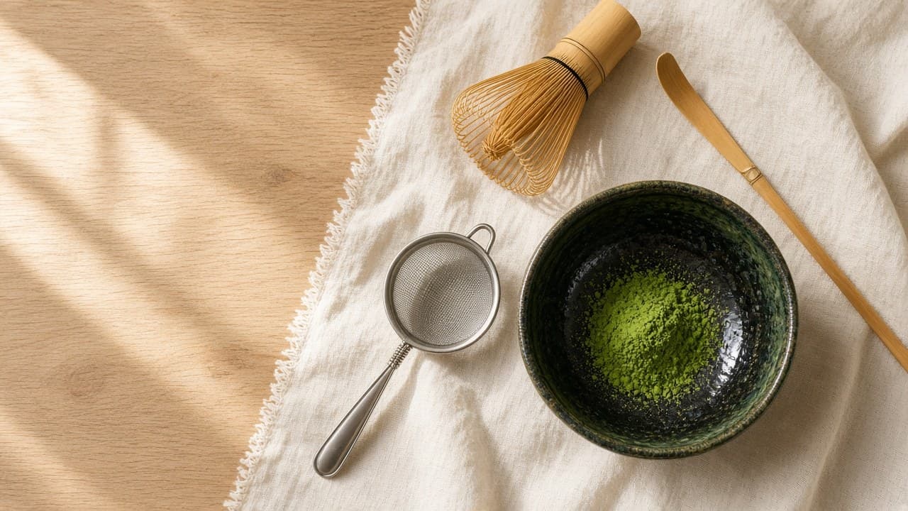 Matcha accessories from above: bamboo whisk, bamboo scoop, sieve and a dark ceramic bowl with matcha powder