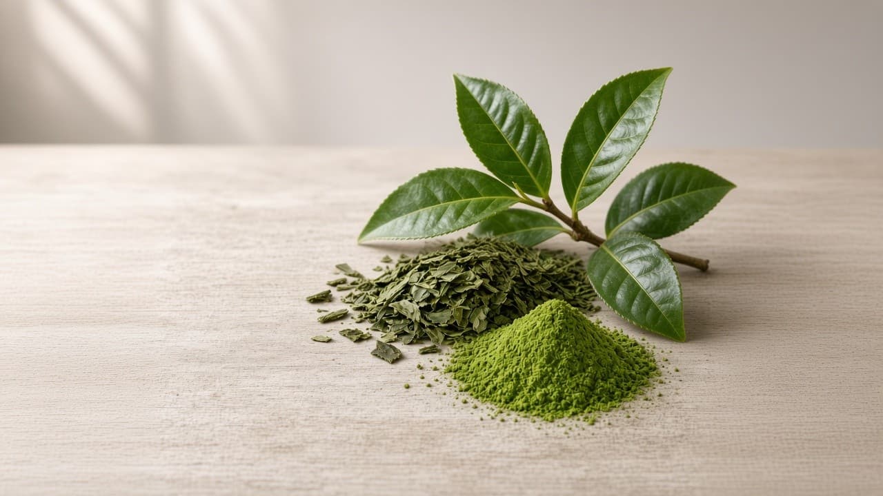 Ramita fresca de té con hojas verdes junto a un montón de hojas de té secas y troceadas y un pequeño montículo de matcha en polvo verde intenso sobre madera clara