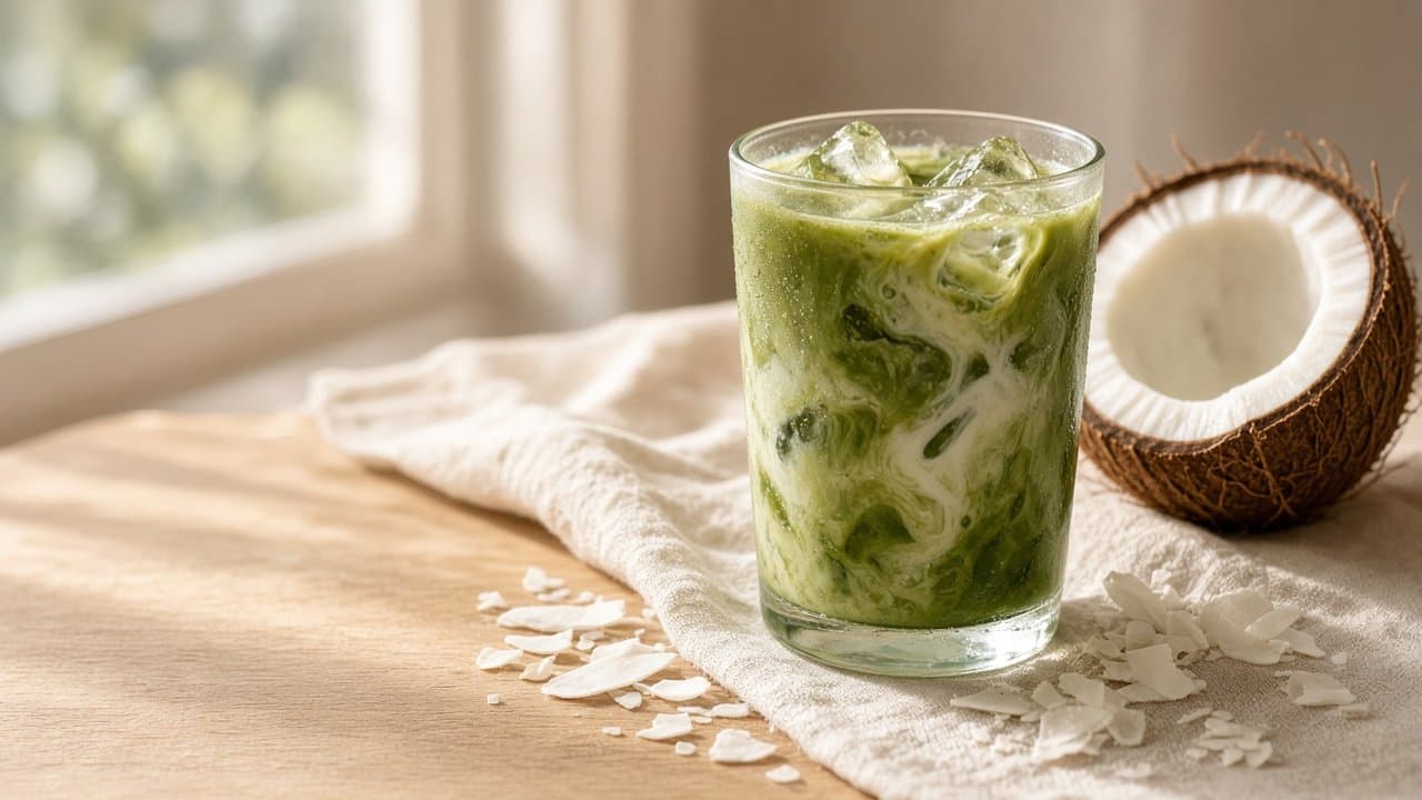 Kalter Kokos-Matcha mit weißen und grünen Schlieren und Eiswürfeln, daneben eine halbe Kokosnuss