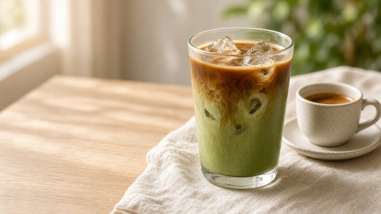 Dirty matcha ve sklenici: espresso stéká přes ledové matcha latte, vedle šálek na espresso