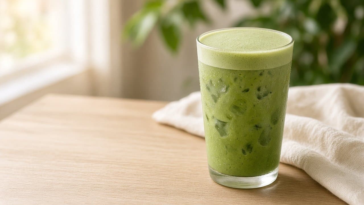 Iced Matcha Latte mit dicker, hellgrüner Cold-Foam-Haube im hohen Glas