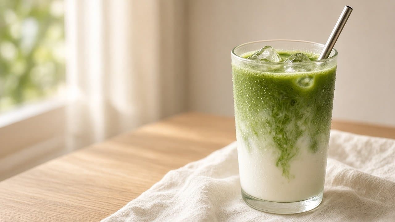 Iced Matcha Latte im hohen Glas mit Eiswürfeln, grüne Matchaschicht über weißer Milch