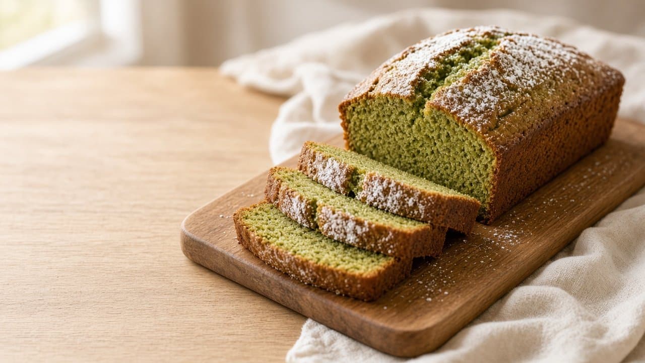 Matcha chlebíček se zelenou střídou na dřevěném prkénku, několik ukrojených plátků, posypaný moučkovým cukrem