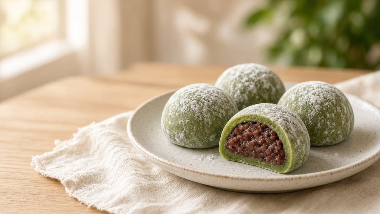 Quattro mochi verdi al matcha spolverati di amido su un piatto, uno tagliato con pasta di fagioli rossi
