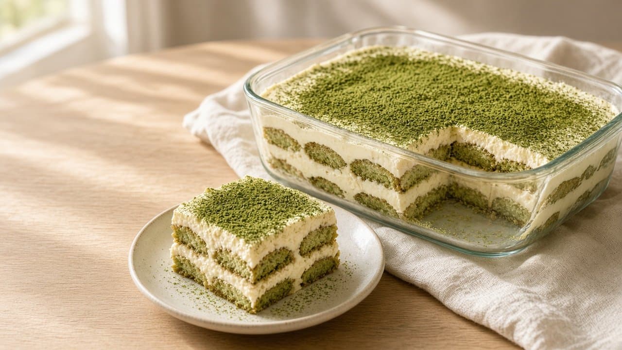Matcha tiramisu ve skleněné formě s viditelnými vrstvami, kousek na talíři, poprášený matchou