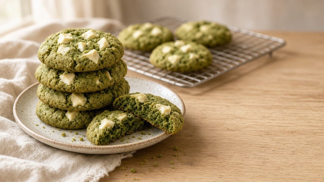 Naskládané zelené matcha sušenky s kousky bílé čokolády, jedna půlená, za nimi chladicí mřížka