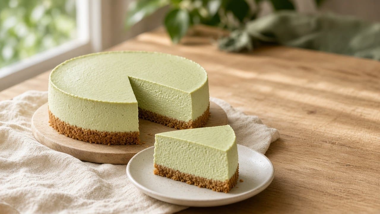 Matcha cheesecake bez pečení se sušenkovým základem a světle zeleným krémem, kousek na talíři