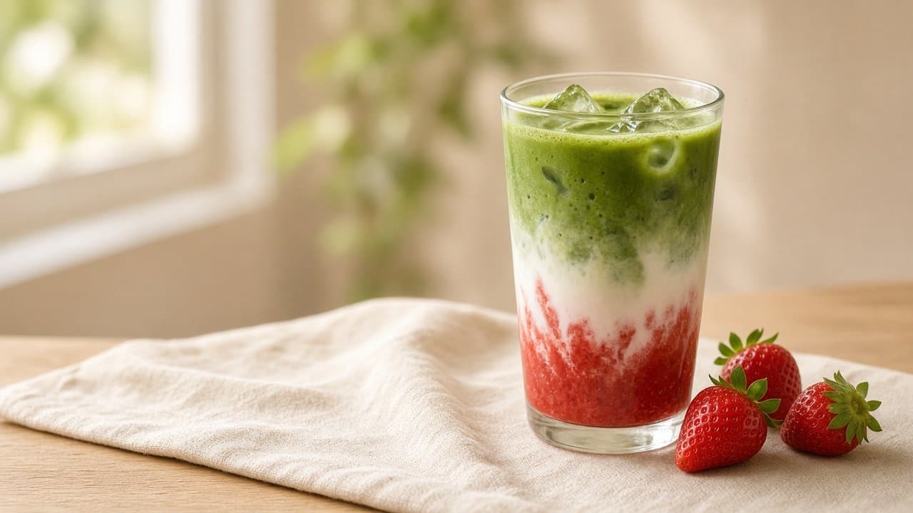 Geschichteter Erdbeer-Matcha-Latte: Erdbeerpüree, Milch und Matcha im Glas, daneben frische Erdbeeren