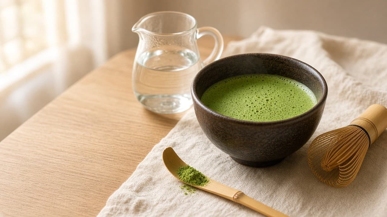 Dark ceramic bowl of frothy whisked matcha on a linen cloth, next to a glass jug of water, a bamboo whisk and a bamboo scoop with matcha powder