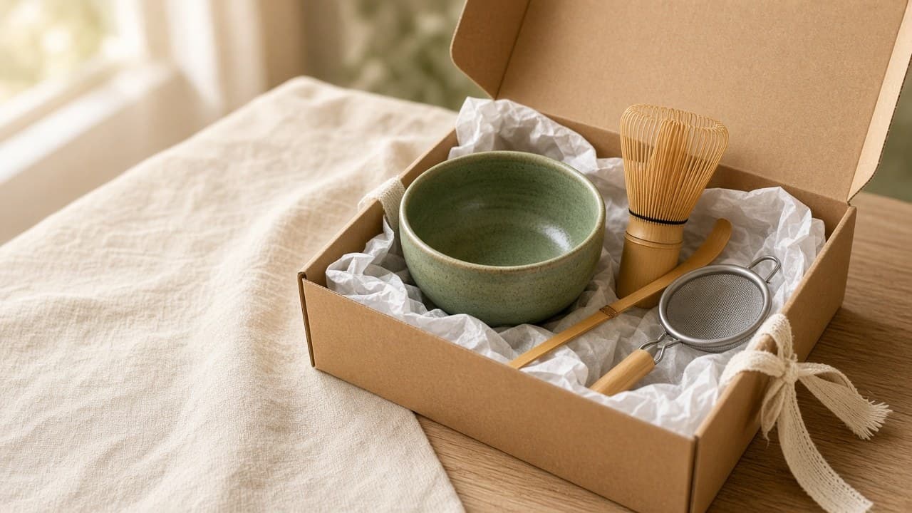 Open cardboard gift box with tissue paper holding a green ceramic bowl, a bamboo whisk, a bamboo scoop and a small sieve, tied with a linen ribbon