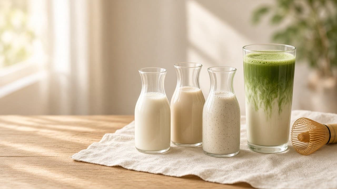 Tři malé skleněné karafy s různými druhy mléka v řadě, vedle vysoká sklenice matcha latte se zelenou matchou nahoře a bambusová metlička