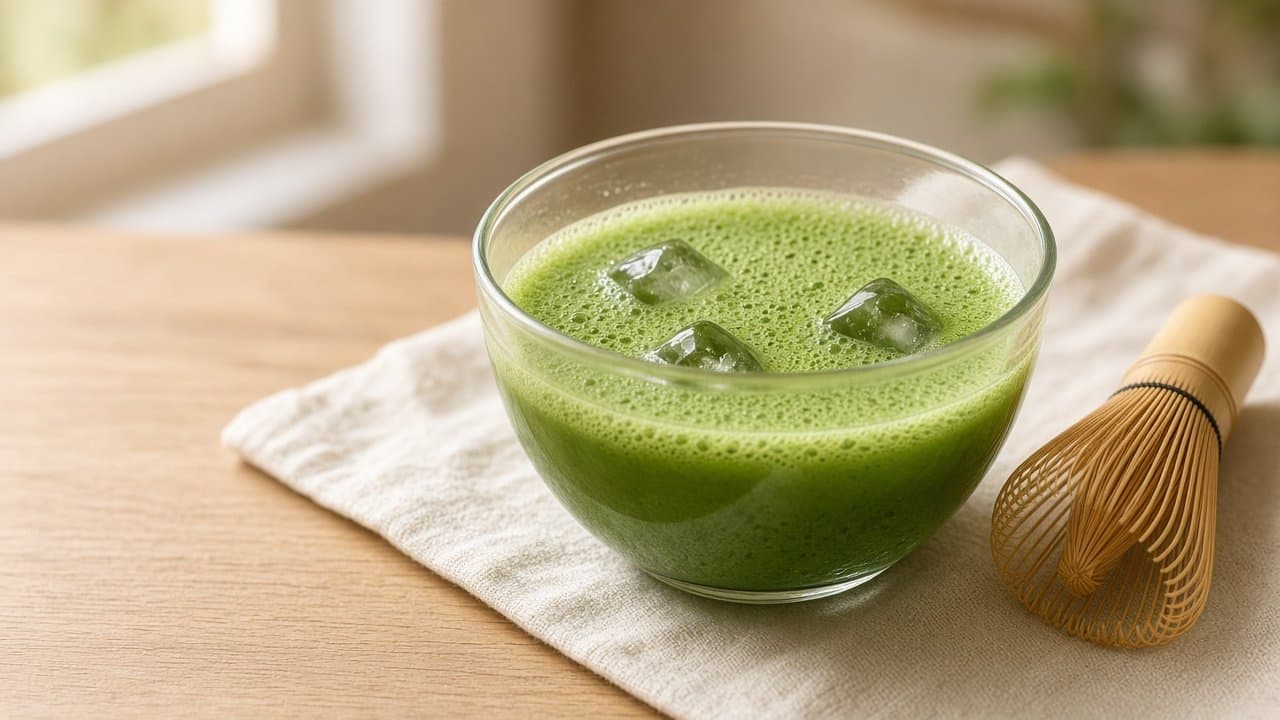 Kalt aufgeschlagener Matcha mit feinem Schaum und Eiswürfeln in einer Glasschale, daneben ein Bambusbesen