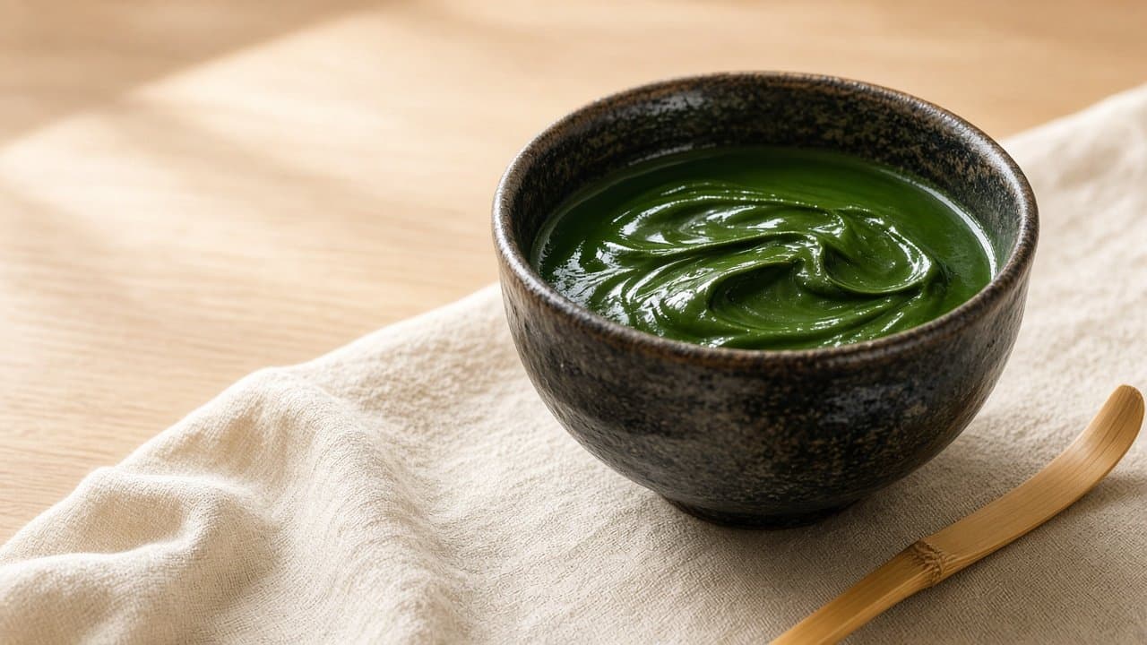 Koicha: thick, glossy dark green matcha in a dark tea bowl, a bamboo scoop beside it