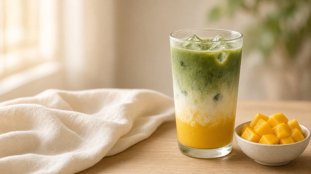 Mango-Matcha im hohen Glas: gelbes Mangopüree, Milch und grüne Matchaschicht, daneben Mangowürfel