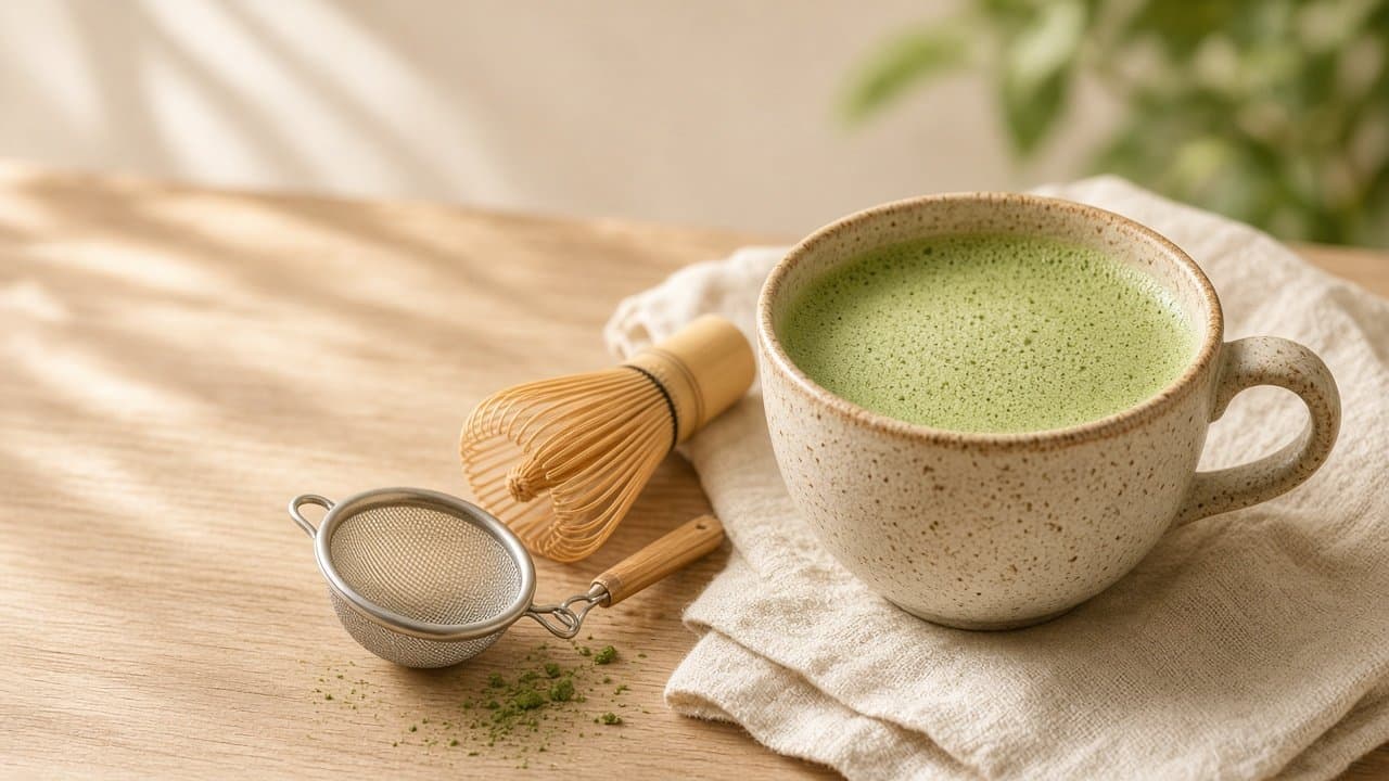 Matcha Latte mit hellgrünem Milchschaum in einer Keramiktasse, daneben Sieb und Bambusbesen