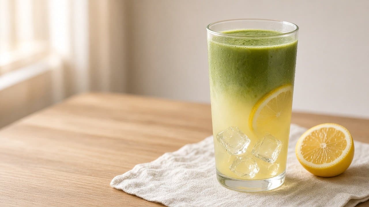 Matcha-Limonade im Glas: grüne Matchaschicht über heller Zitronenlimonade mit Eis, daneben eine halbe Zitrone