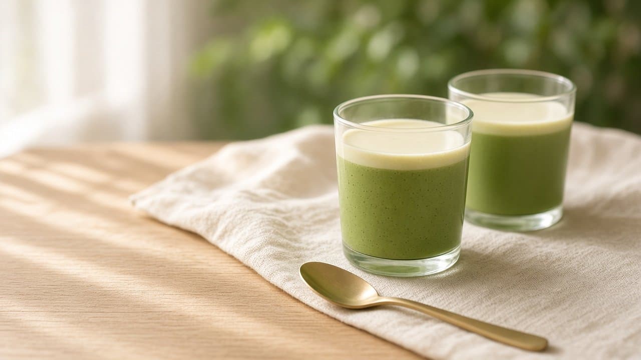 Two small glasses of green matcha pudding with a layer of cream on top, a spoon beside them