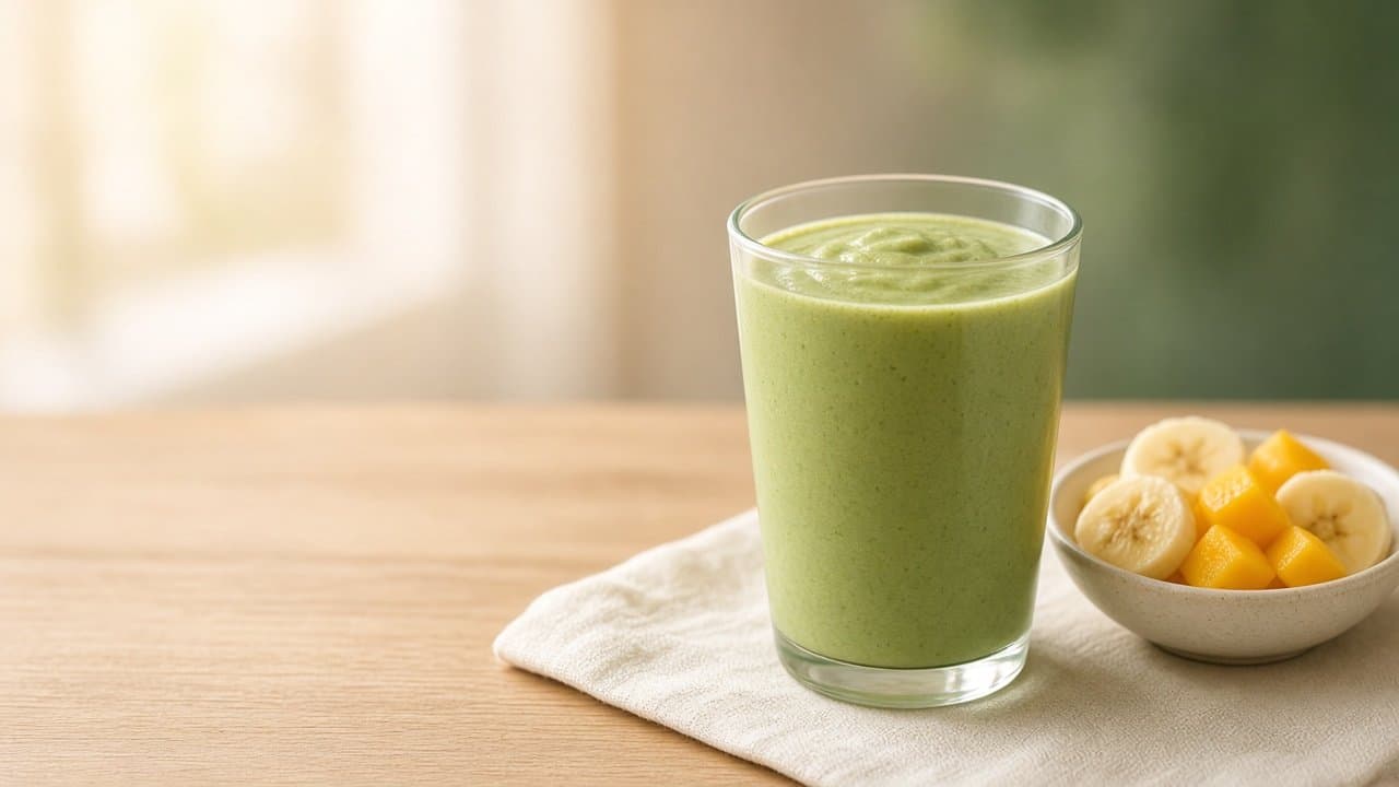 Hellgrüner Matcha-Smoothie im Glas, daneben eine Schale mit Bananenscheiben und Mangowürfeln